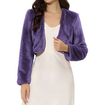 Women's Collarless Long Sleeve Open Front Faux Fur Shrug Cropped Coat