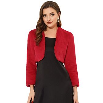 Women's Collarless Long Sleeve Open Front Faux Fur Shrug Cropped Coat