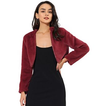 Women's Collarless Long Sleeve Open Front Faux Fur Shrug Cropped Coat