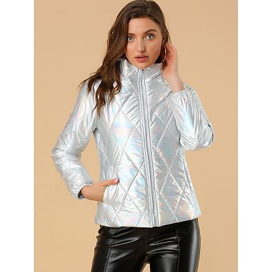 Women's Holographic Zipper Quilting Metallic Short Puffyer Coat Jacket