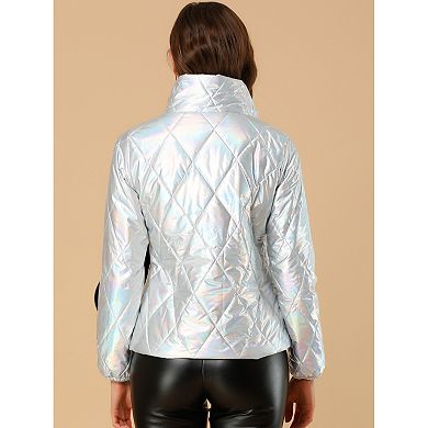 Women's Holographic Zipper Quilting Metallic Short Puffyer Coat Jacket