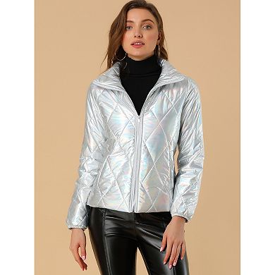 Women's Holographic Zipper Quilting Metallic Short Puffyer Coat Jacket