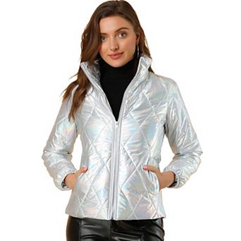 Women's Holographic Zipper Quilting Metallic Short Puffyer Coat Jacket