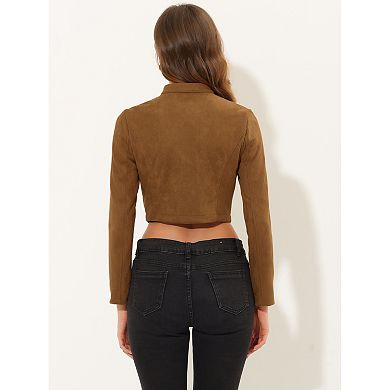 Women's Faux Suede Cropped Jacket Double Breasted Stand Collar Zip Up Long Sleeve Coat