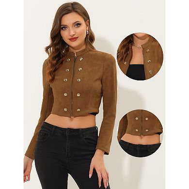 Women's Faux Suede Cropped Jacket Double Breasted Stand Collar Zip Up Long Sleeve Coat
