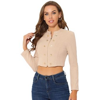 Women's Faux Suede Cropped Jacket Double Breasted Stand Collar Zip Up Long Sleeve Coat