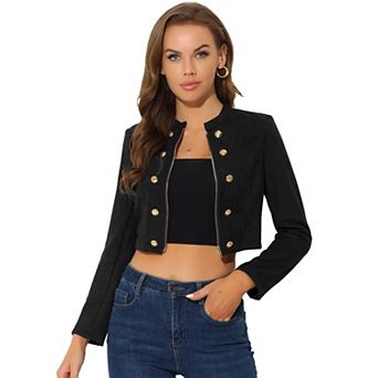 Women's Faux Suede Cropped Jacket Double Breasted Stand Collar Zip Up Long Sleeve Coat