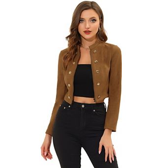 Women's Faux Suede Cropped Jacket Double Breasted Stand Collar Zip Up Long Sleeve Coat