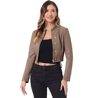 Women's Faux Suede Cropped Jacket Double Breasted Stand Collar Zip Up Long Sleeve Coat