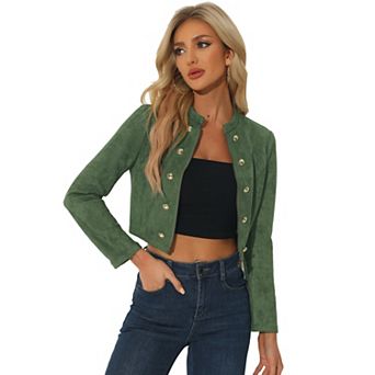 Women's Faux Suede Cropped Jacket Double Breasted Stand Collar Zip Up Long Sleeve Coat