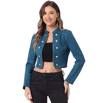 Women's Faux Suede Cropped Jacket Double Breasted Stand Collar Zip Up Long Sleeve Coat