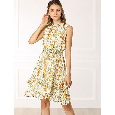 Women's Floral a-Line Smocked Waist Tiered Ruffled Chiffon Mini Dress
