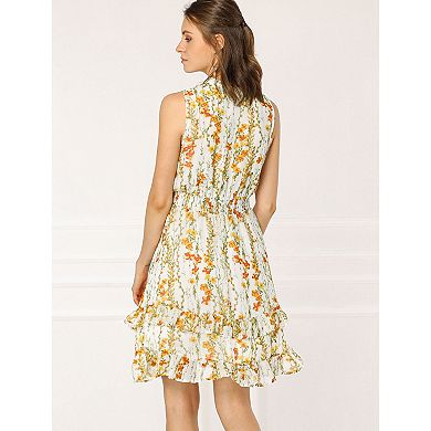 Women's Floral a-Line Smocked Waist Tiered Ruffled Chiffon Mini Dress