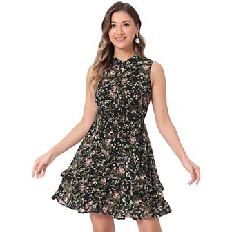 Women's Floral a-Line Smocked Waist Tiered Ruffled Chiffon Mini Dress