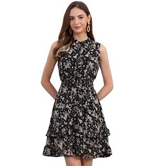 Women's Floral a-Line Smocked Waist Tiered Ruffled Chiffon Mini Dress