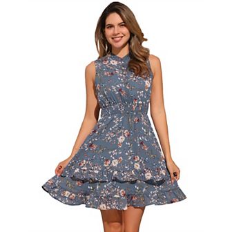Women's Floral a-Line Smocked Waist Tiered Ruffled Chiffon Mini Dress