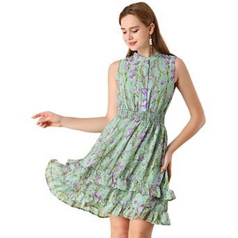 Women's Floral a-Line Smocked Waist Tiered Ruffled Chiffon Mini Dress