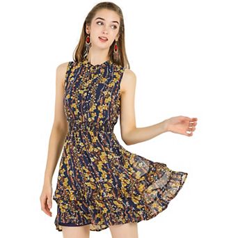 Women's Floral a-Line Smocked Waist Tiered Ruffled Chiffon Mini Dress