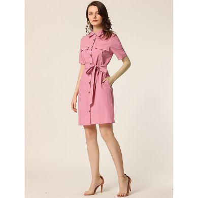 Women's Collared Short Sleeve Safari Pocket Belt Button Up Shirt Dress