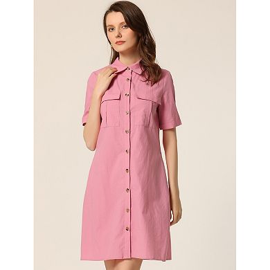 Women's Collared Short Sleeve Safari Pocket Belt Button Up Shirt Dress