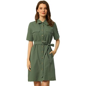 Women's Collared Short Sleeve Safari Pocket Belt Button up Shirt Dress