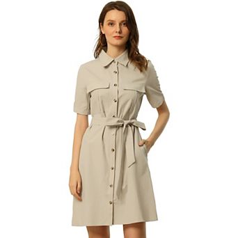 Women's Collared Short Sleeve Safari Pocket Belt Button up Shirt Dress