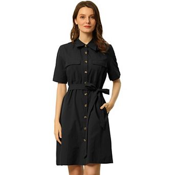 Women's Collared Short Sleeve Safari Pocket Belt Button up Shirt Dress