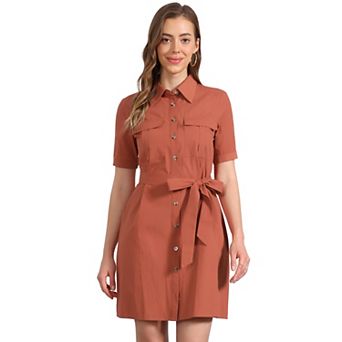 Women's Collared Short Sleeve Safari Pocket Belt Button up Shirt Dress