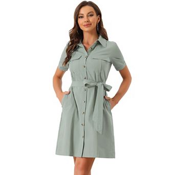 Women's Collared Short Sleeve Safari Pocket Belt Button up Shirt Dress