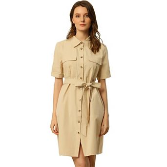 Women's Collared Short Sleeve Safari Pocket Belt Button up Shirt Dress