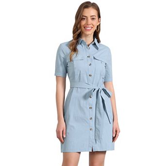 Women's Collared Short Sleeve Safari Pocket Belt Button up Shirt Dress
