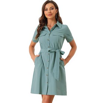 Women's Collared Short Sleeve Safari Pocket Belt Button up Shirt Dress