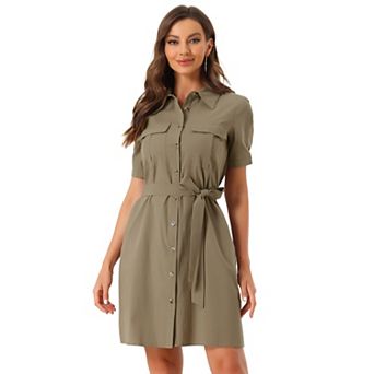 Women's Collared Short Sleeve Safari Pocket Belt Button up Shirt Dress