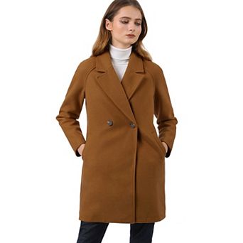 Women's Double Breasted Lapel Raglan Long Sleeve Mid Length Overcoat