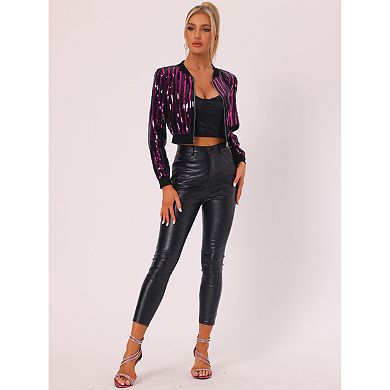 Women's Metallic Long Sleeve Stand Collar Zipper Cropped Bomber Jacket