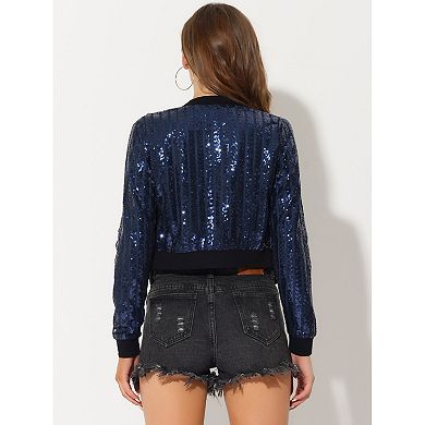 Women's Metallic Long Sleeve Stand Collar Zipper Cropped Bomber Jacket