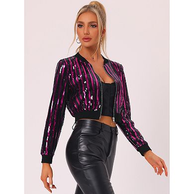 Women's Metallic Long Sleeve Stand Collar Zipper Cropped Bomber Jacket