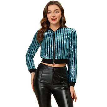Women's Metallic Long Sleeve Stand Collar Zipper Cropped Bomber Jacket