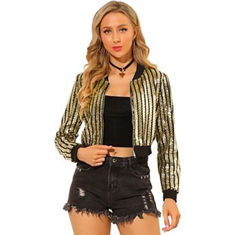 Women's Metallic Long Sleeve Stand Collar Zipper Cropped Bomber Jacket