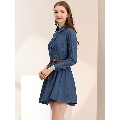 Women's Long Sleeves Above Knee Denim Shirt Dress with Belt