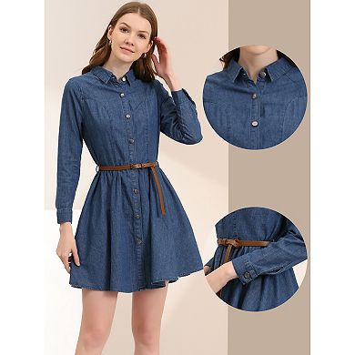 Women's Long Sleeves Above Knee Denim Shirt Dress with Belt