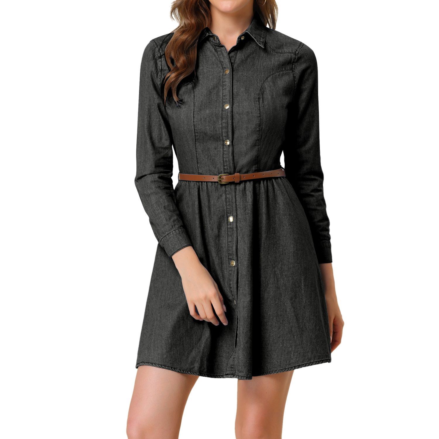 Women's Long Sleeves Above Knee Denim Shirt Dress with Belt