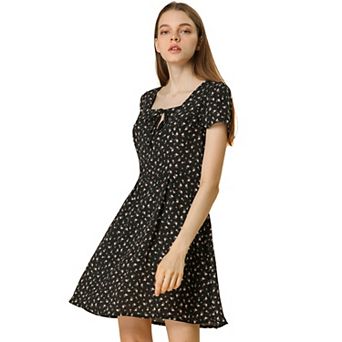 Women's Floral Square Neck Short Sleeve A-Line Prom Dress