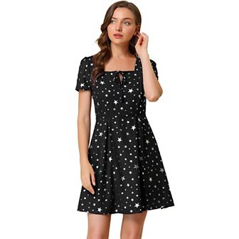 Women's Floral Square Neck Short Sleeve A-Line Prom Dress