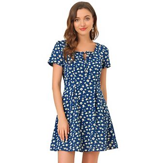 Women's Floral Square Neck Short Sleeve A-Line Prom Dress
