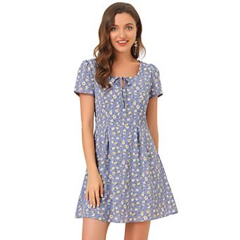 Women's Floral Square Neck Short Sleeve A-Line Prom Dress