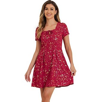 Women's Floral Square Neck Short Sleeve A-Line Prom Dress