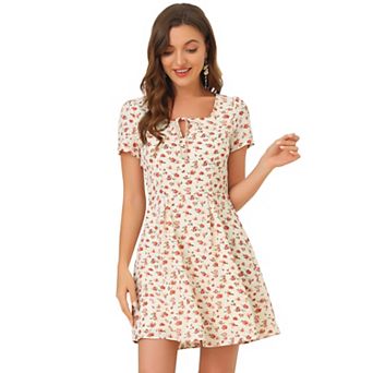 Women's Floral Square Neck Short Sleeve A-Line Prom Dress