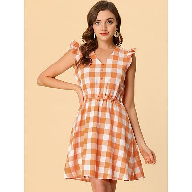 Women's V Neck Check Ruffled Sleeve Belted Plaids Mini Dress