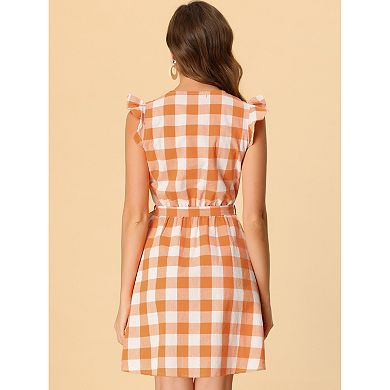 Women's V Neck Check Ruffled Sleeve Belted Plaids Mini Dress